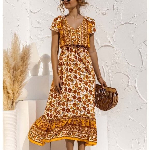 Orange Floral Button-Front Short-Sleeve Maxi Dress - Picture 2 of 7